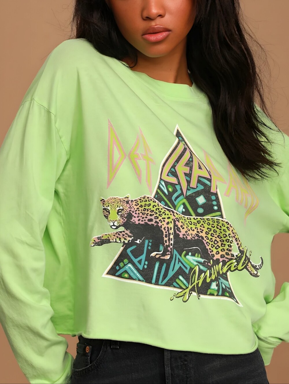 Daydreamer  Def Leppard Neon Green Long Sleeve Cropped Tee Top,M